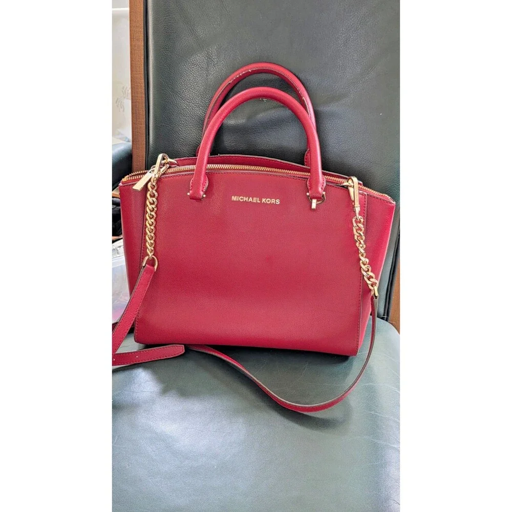 Michael Kors Ellis Ladies Large Leather Satchel Handbag Scarlet Red / Gold